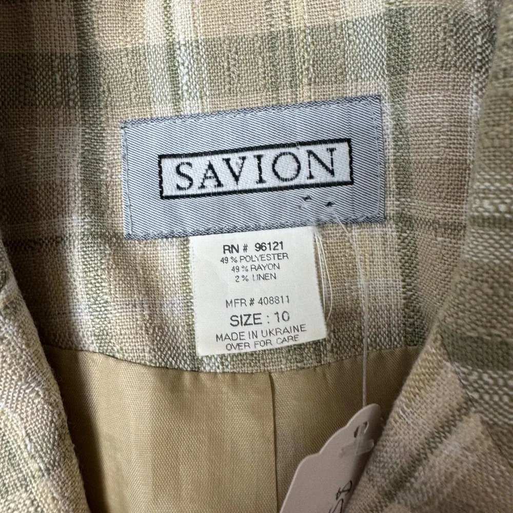 Savion Mens Tan Olive Green Plaid Linen Blend 3-Button Blazer Jacket Size 10